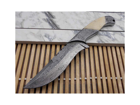 10.5 Long hand forged Damascus steel skinning Knife,5.5 full tang blade, Natural Camel bone scale with Damascus bolster & Pommel, Cow hide Leather sheath included